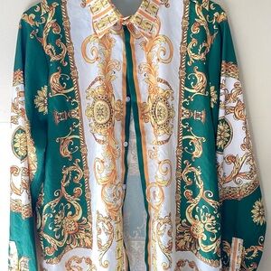"Elegant" looking Green and Gold Baroque Print Shirt size Large
